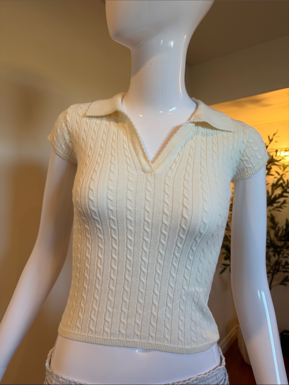 NWT American Eagle Cream Cable Knit Polo Sweater Top XS